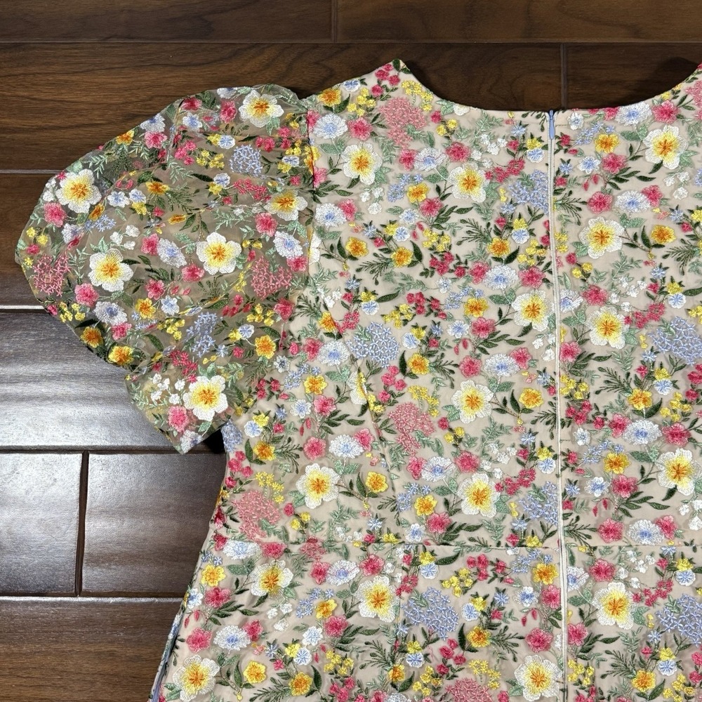 Eliza J Women's Size 24 W Floral Embroidered V Neck Puff Sleeve Mesh Dress - Picture 8 of 12